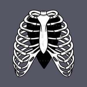 Art Print of a skeleton ribcage with a black heart encased onside on a blue/grey background.