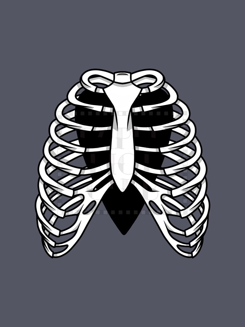 Art Print of a skeleton ribcage with a black heart encased onside on a blue/grey background.
