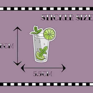 Tropical vacation vibes green mojito cocktail with lime and mint garnish die-cut vinyl sticker showing the size dimensions.