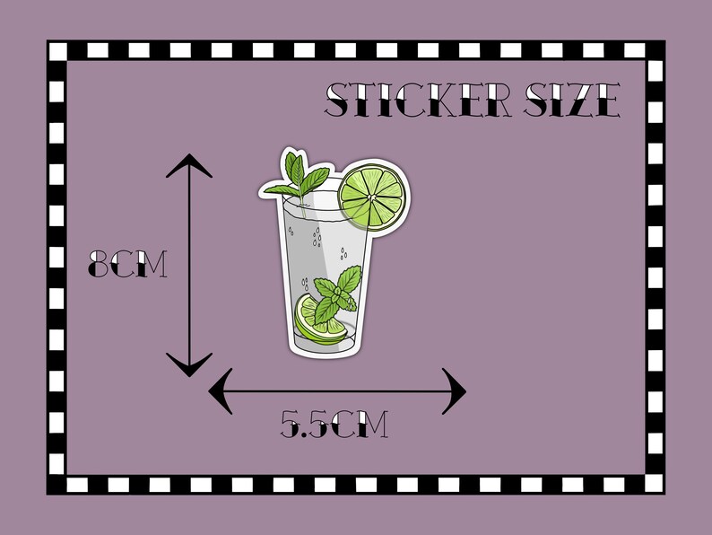 Tropical vacation vibes green mojito cocktail with lime and mint garnish die-cut vinyl sticker showing the size dimensions.