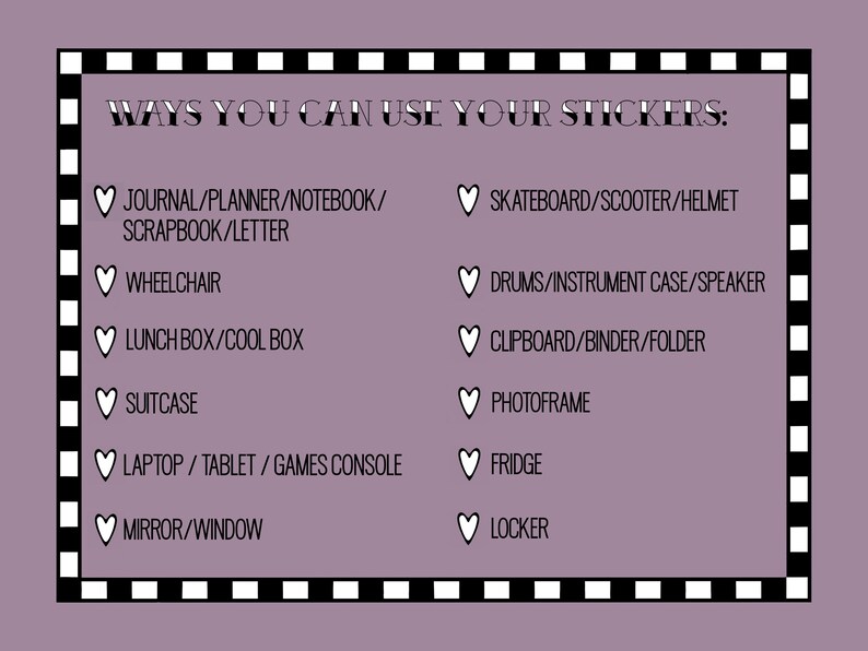 Infographic showing where you can stick your vinyl die-cut sticker such as notebook, laptop, mirror.