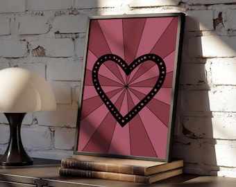 Estampado Corazón Negro – Arte de pared abstracto con rayos de sol rojos, decoración en papel mate