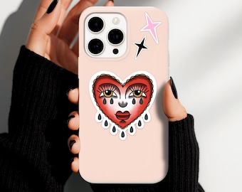 Crying Heart Face Trad Tattoo Style Die Cut Vinyl Sticker
