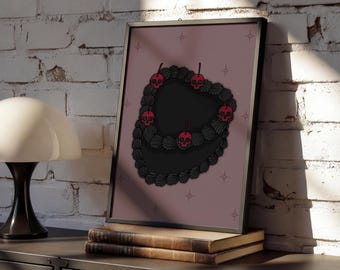Lámina decorativa retro con diseño de pastel en forma de corazón oscuro – Arte de pared alternativo y adorable / Decoración de estética oscura / Lámina para cocina gótica
