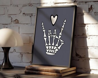 Skeleton Rock Hand Art Print – Dark Blue Gothic Wall Art | Alt Rock Chick Home Décor