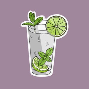 Tropical vacation vibes green mojito cocktail with lime and mint garnish die-cut vinyl sticker.