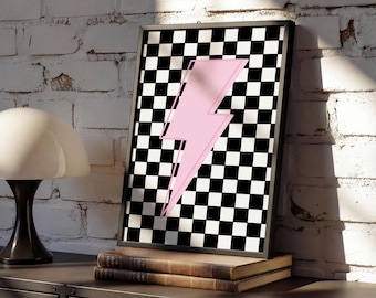 Black & White Checkered Lightning Bolt Print | Alternative Home Interior | Soft Goth Aesthetic | Maximalist Home Decor | New Home Gift