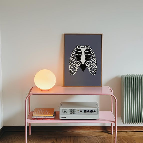 Skeleton Ribcage Black Heart Print – Dark Blue Gothic Wall Art (230gsm Matte Paper)