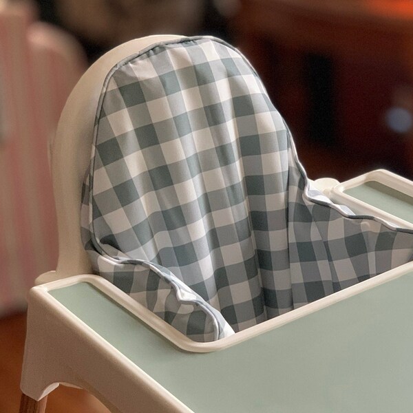 Sage Gingham WIPEABLE Cushion Cover, IKEA High Chair Cushion Cover with Inflatable Cushion Insert, Antilop Highchair Cover, Support Pillow