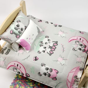 Panda Print 18-inch Doll Bedding: Reversible Blanket & Pillows