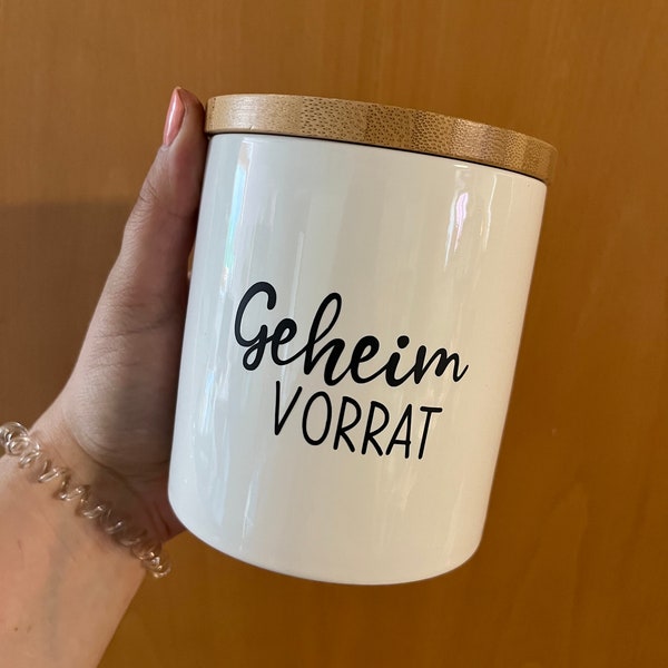 Vorratsdose mit Spruch und Bambusdeckel | Nervennahrung | Kalorienbömbchen | Keramik | Geheimvorrst | Geschenk aus der Küche