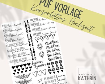 Hochzeit PDF Vorlage für Kerzentattoos | Druckvorlage | Kerzen | Stabkerzen | Wasserschiebefolie | Liebe | Hochzeitsgeschenk