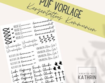 Communion PDF template for candle tattoos | Print template | Candles | Taper candles | Waterslide film | Church festivals