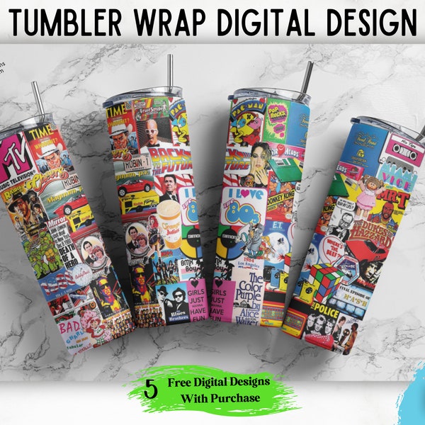 Love The 80's 20 oz Skinny Tumbler Wrap Sublimation Design, 80's icons PNG Digital Download, Best of the 80s