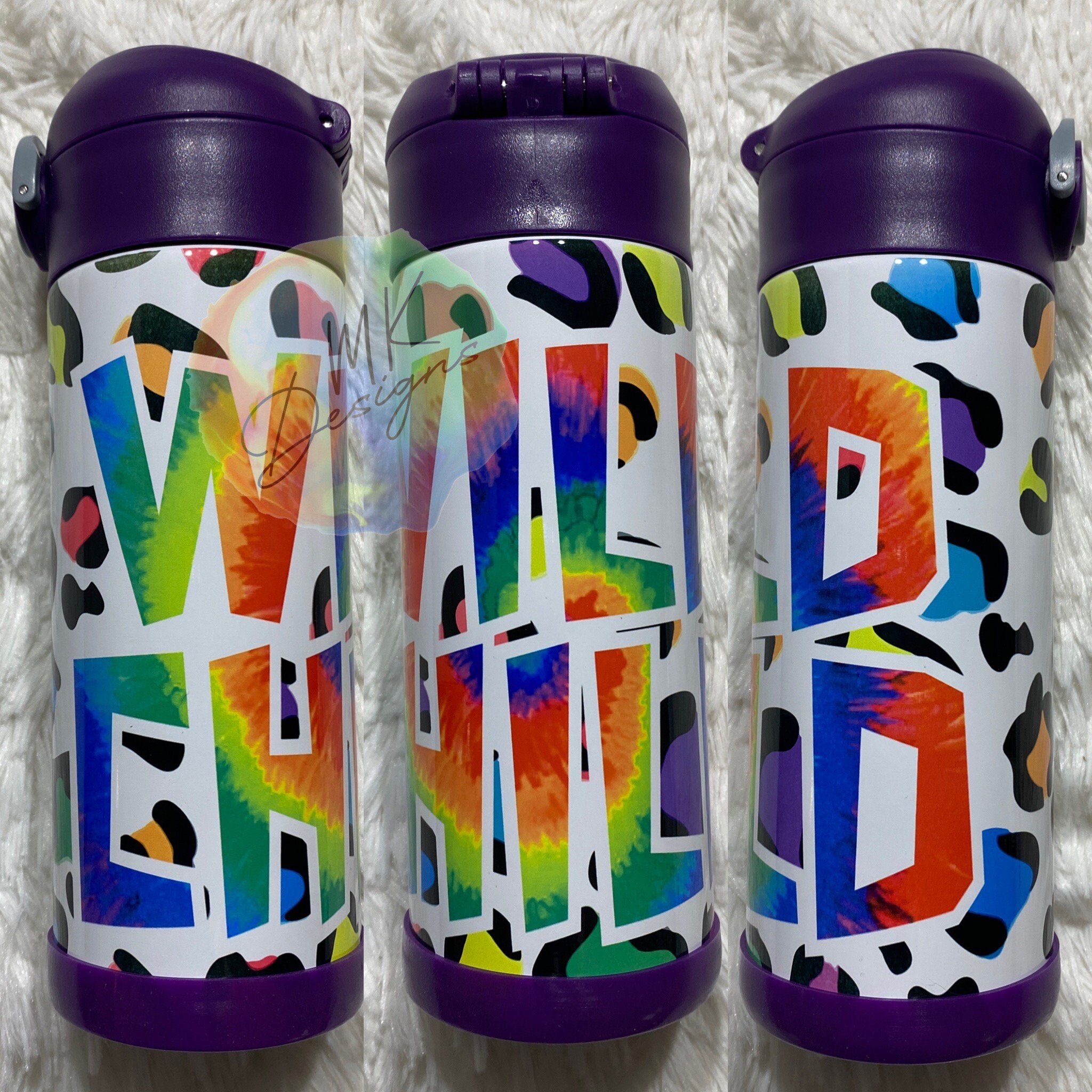 Wild Child Rainbow Cheetah/Leopard Print Custom & Personalized 12 oz Kids Water  Bottle