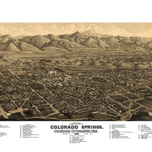 Colorado Springs Colorado 1882 druckbare Wandkunst Farbe Vogelperspektive 24 "x 36" Antike Karte