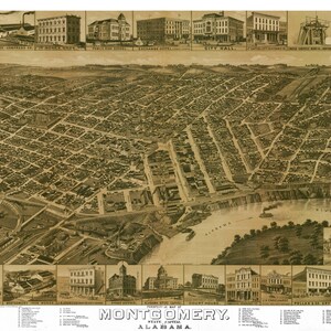 Montgomery Alabama 1887 druckbare Wandkunst Farbe Vogelperspektive 24 "x 36" Antike Karte