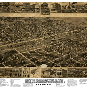 Birmingham Alabama 1885 druckbare Wandkunst Farbe Vogelperspektive 60 x 36 Zoll Antike Karte