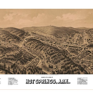 Hot Springs Arkansas 1888 druckbare Wandkunst Farbe Vogelperspektive 24 "x 36" Antike Karte