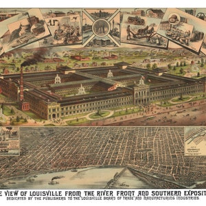 Louisville Südausstellung Kentucky 1883 druckbare Wandkunst Farbe Vogelperspektive 60 x 36 Zoll Antike Karte