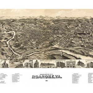 Roanoke Virginia 1891 druckbare Wandkunst Farbe Vogelperspektive 60 x 36 Zoll Antike Karte
