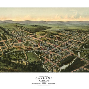 Oakland Maryland 1906 druckbare Wandkunst Farbe Vogelperspektive 60 x 36 Zoll Antike Karte