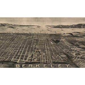 Berkeley Kalifornien 1909 druckbare Wandkunst Farbe Vogelperspektive 60 x 36 Zoll Antike Karte