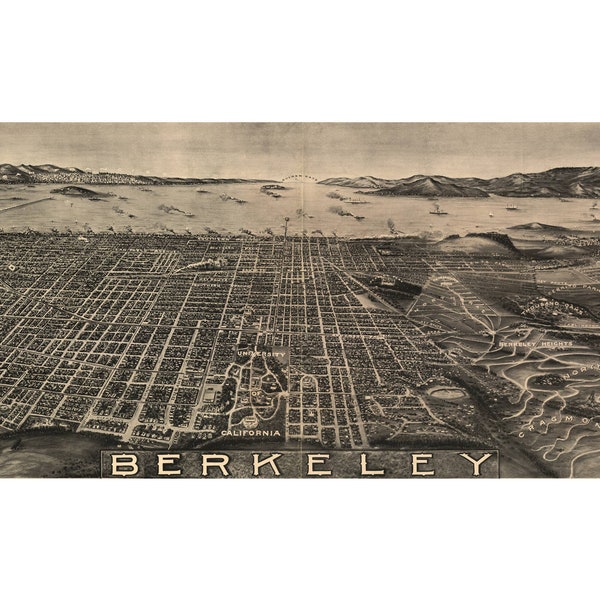 Berkeley California 1909 Printable Wall Art Color Bird's Eye View 24" x 36" Antique Map