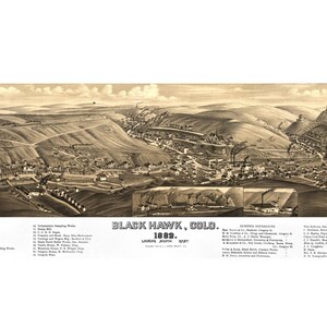 Black Hawk Colorado 1882 druckbare Wandkunst Farbe Vogelperspektive 60 x 36 Zoll Antike Karte