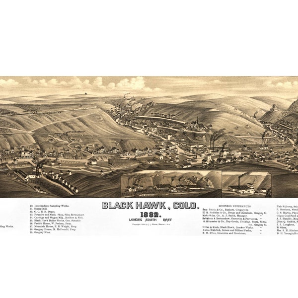 Black Hawk Colorado 1882 Printable Wall Art Color Bird's Eye View 24" x 36" Antique Map