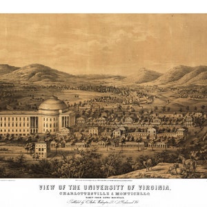 UVA (University of Virginia) 1856 druckbare Wandkunst Farbe Vogelperspektive 60 x 36 Zoll Antike Karte
