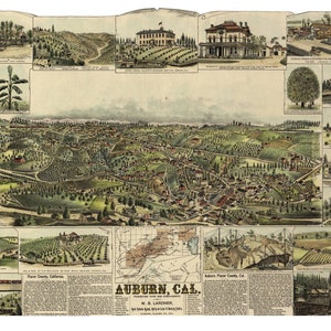Auburn California 1887 druckbare Wandkunst Farbe Vogelperspektive 60 x 36 Zoll Antike Karte