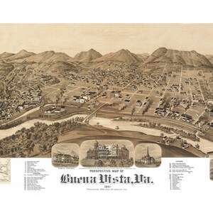 Buena Vista Virginia 1891 druckbare Wandkunst Farbe Vogelperspektive 24 "x 36" Antike Karte