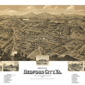 Bedford Stadt Virginia 1891 druckbare Wandkunst Farbe Vogelperspektive 24 "x 36" Antike Karte