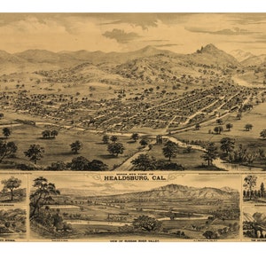 Healdsburg California 1876 druckbare Wandkunst Farbe Vogelperspektive 60 x 36 Zoll Antike Karte