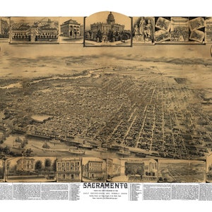 Sacramento California 189x druckbare Wandkunst Farbe Vogelperspektive 60 x 36 Zoll Antike Karte