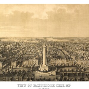 Baltimore City Maryland 1862 druckbare Wandkunst Farbe Vogelperspektive 24 "x 36" Antike Karte