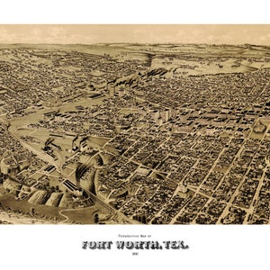 Fort Worth Texas 1891 druckbare Wandkunst Farbe Vogelperspektive 60 x 36 Zoll Antike Karte