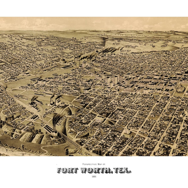 Fort Worth Texas 1891 Printable Wall Art Color Bird's Eye View 24" x 36" Antique Map