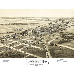 Ladonia Texas 1891 druckbare Wandkunst Farbe Vogelperspektive 60 x 36 Zoll Antike Karte