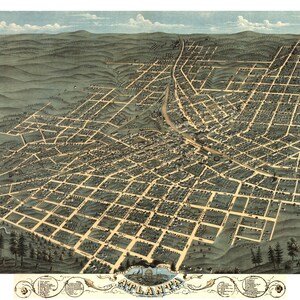 Atlanta Georgia 1871 druckbare Wandkunst Farbe Vogelperspektive 60 x 36 Zoll Antike Karte