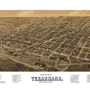 Texarkana Texas Arkansas 188x druckbare Wandkunst Farbe Vogelperspektive 60 x 36 Zoll Antike Karte