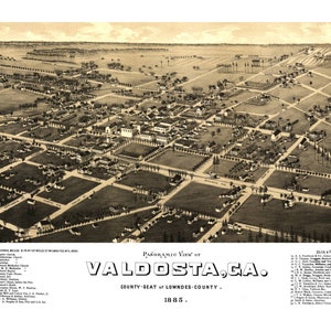 Valdosta Georgien circa 1885 druckbare Wandkunst Farbe Vogelperspektive 24 "x 36" Antike Karte