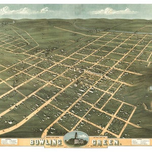 Bowling Green Kentucky 1871 druckbare Wandkunst Farbe Vogelperspektive 24 "x 36" Antike Karte