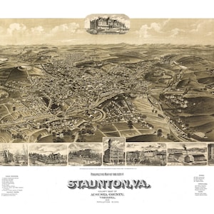 Staunton Virginia 1891 druckbare Wandkunst Farbe Vogelperspektive 24 "x 36" Antike Karte