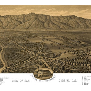 San Gabriel Kalifornien 1893 druckbare Wandkunst Farbe Vogelperspektive 60 x 36 Zoll Antike Karte