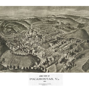 Pocahontas Virginia 1911 druckbare Wandkunst Farbe Vogelperspektive 24 "x 36" Antike Karte