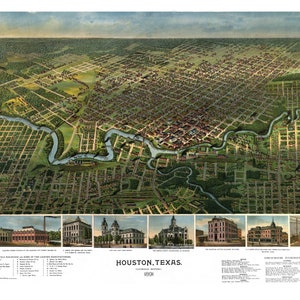 Houston Texas 1891 druckbare Wandkunst Farbe Vogelperspektive 60 x 36 Zoll Antike Karte