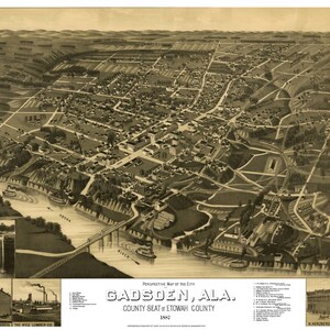 Gadsden Alabama 1887 druckbare Wandkunst Farbe Vogelperspektive 24 "x 36" Antike Karte