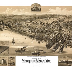 Newport News Virginia 1891 druckbare Wandkunst Farbe Vogelperspektive 24 "x 36" Antike Karte